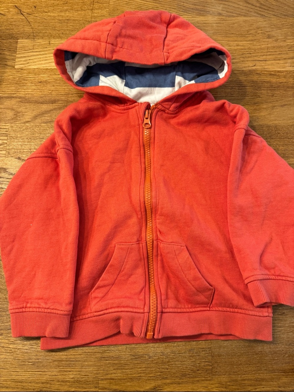 Kids Orange Zip-Up Hoodie with Striped Hood Lining